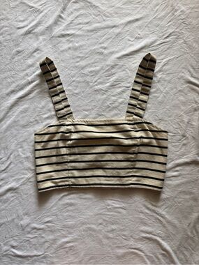 Y2K Festival Ecote Crop Top Beige Black Stripes Adjustable Straps M Indie Sleaze
